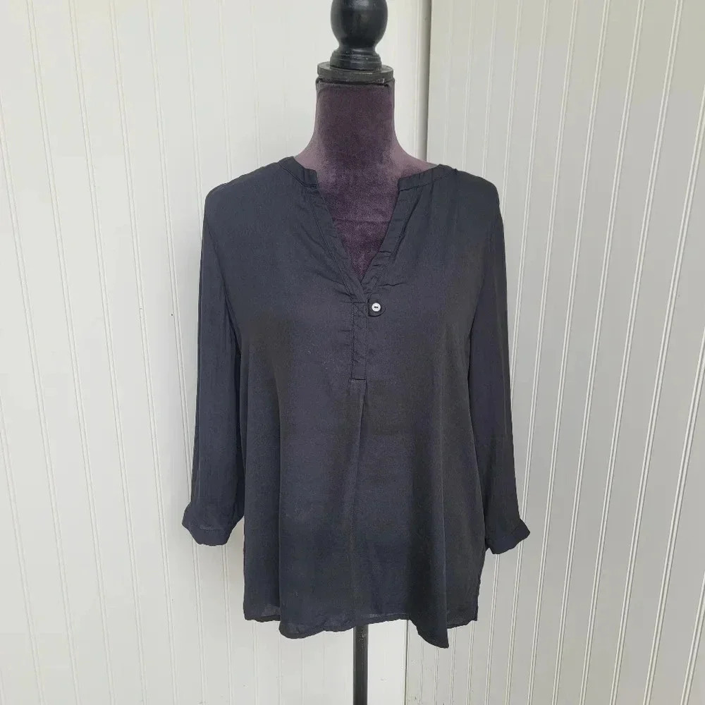 Acos&A Women Black 3/4 Sleeve Blouse  Soft Top Shirt Great Fit Casual Work Sz L